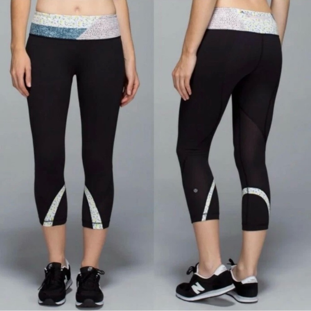Lululemon Run Inspire Crop Leggings Black Neutral Blush Floral Athletic Pants 4